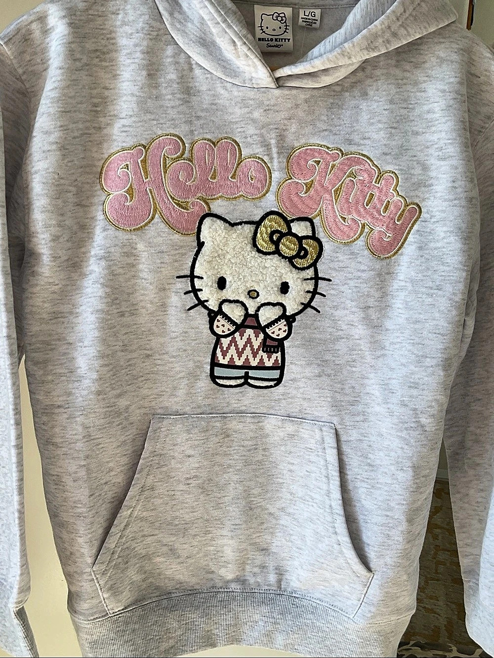 Sanrio Hello Kitty Chenille Patch Graphic Hoodie Chenille Patch Hoodie Gray